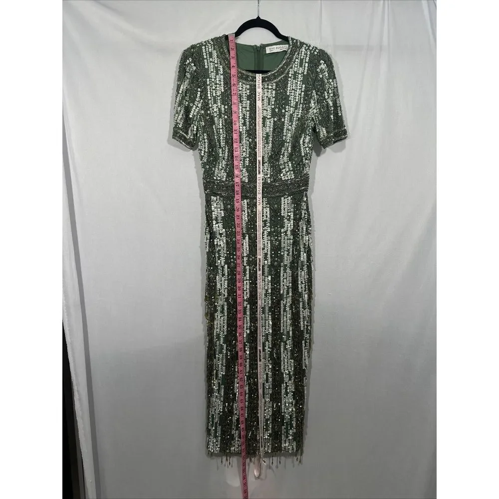 NWT Mac Duggal [ 8 ] 5980 High Neck Short‎ Sleev Crystal Fringe Dress Sage Q931